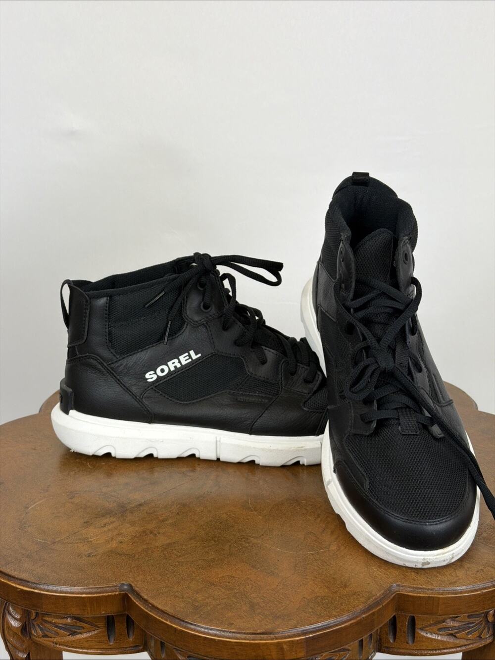 Sorel Black Leather Fabric Mid High Top Sneakers Kinetic Booties Women's 12